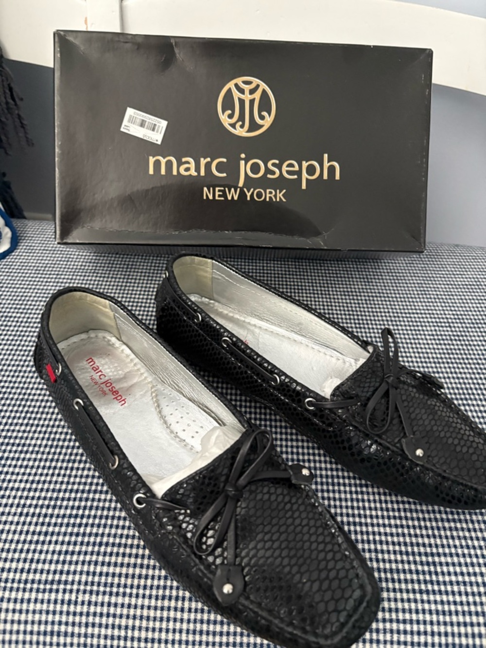 Marc Joseph Black Snake-Textured Driving Loafers with Bow Detail